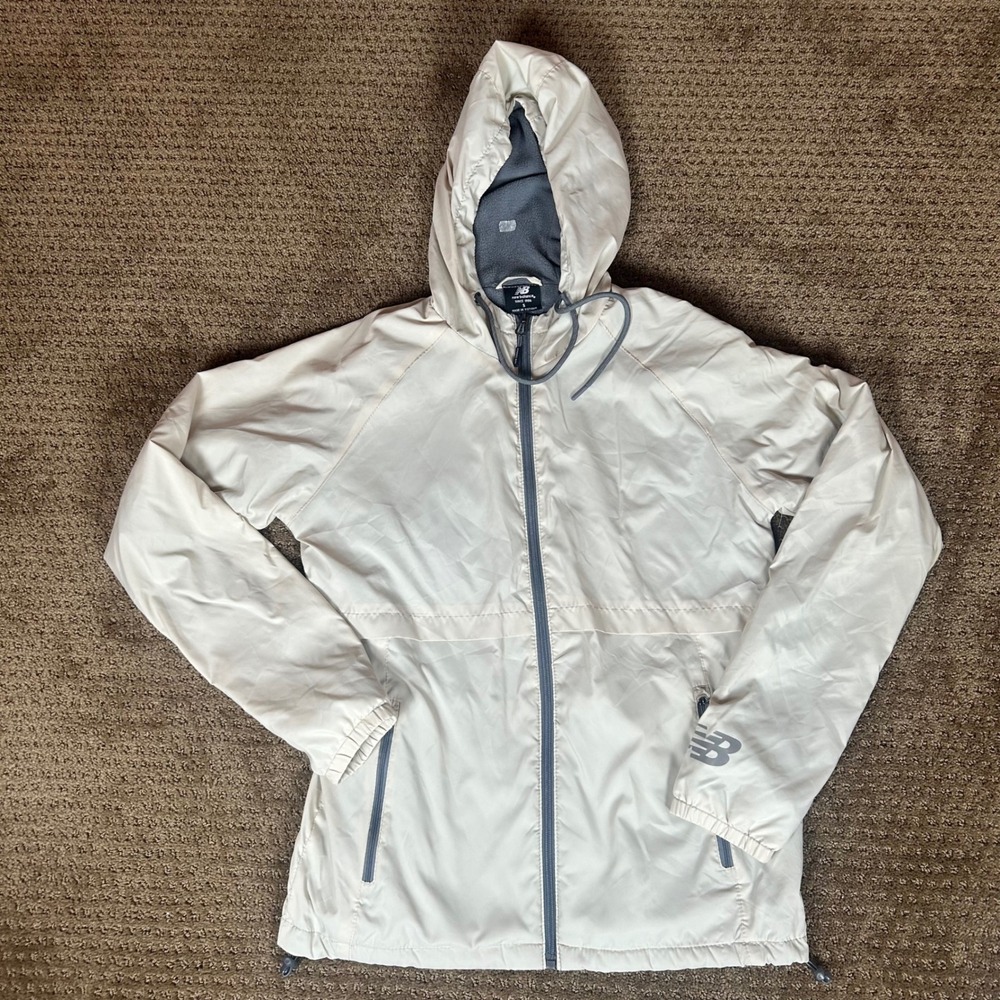 New Balance Windbreaker Jacket Womens Small Cream Fleece Lined Full Zip Hooded